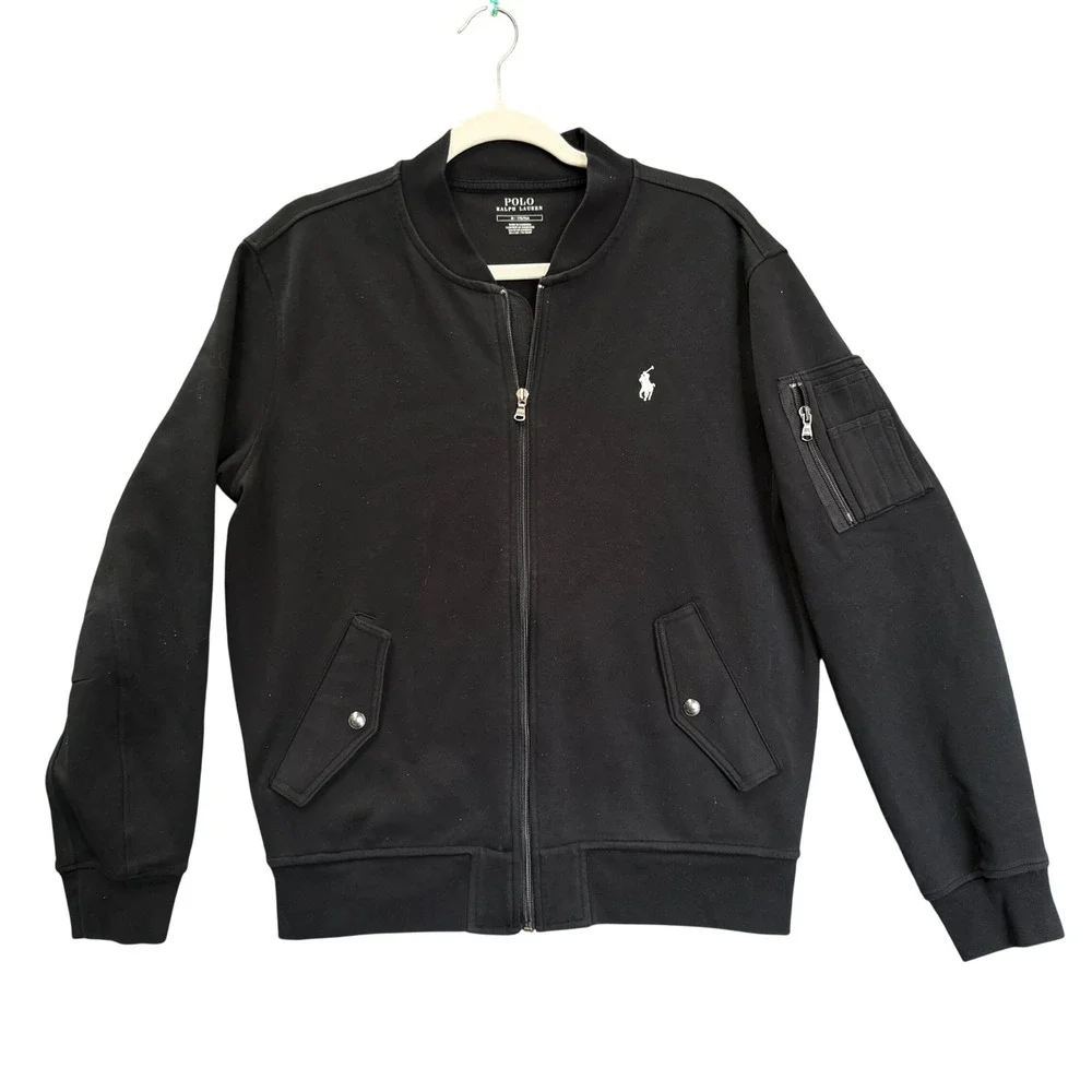 Polo Ralph Lauren Bomber Jacket Mens M Black Full Zip Pony Logo Soft Sweatshirt